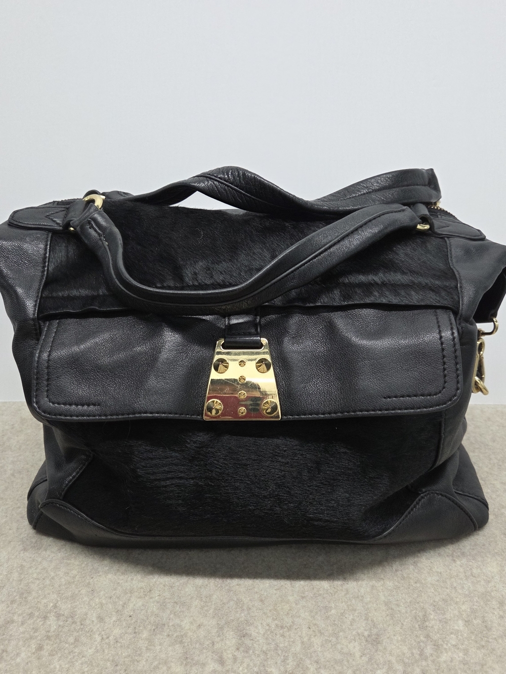 Vince Camuto Black Leather Satchel Calf Hair Y2k Indie Sleaze Whimsigoth